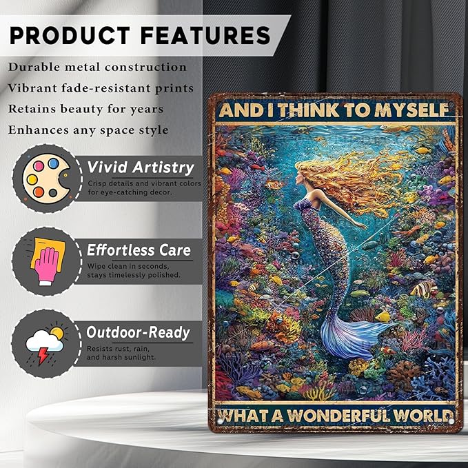 Retro Mermaid Tin Sign And I Think to Myself What a Wonderful World Vintage Metal Poster Funny Wall Art Toilet Bathroom Man Cave Bar Cafe Indoor Room Garage 12 * 16inch-StrideForce Fitness