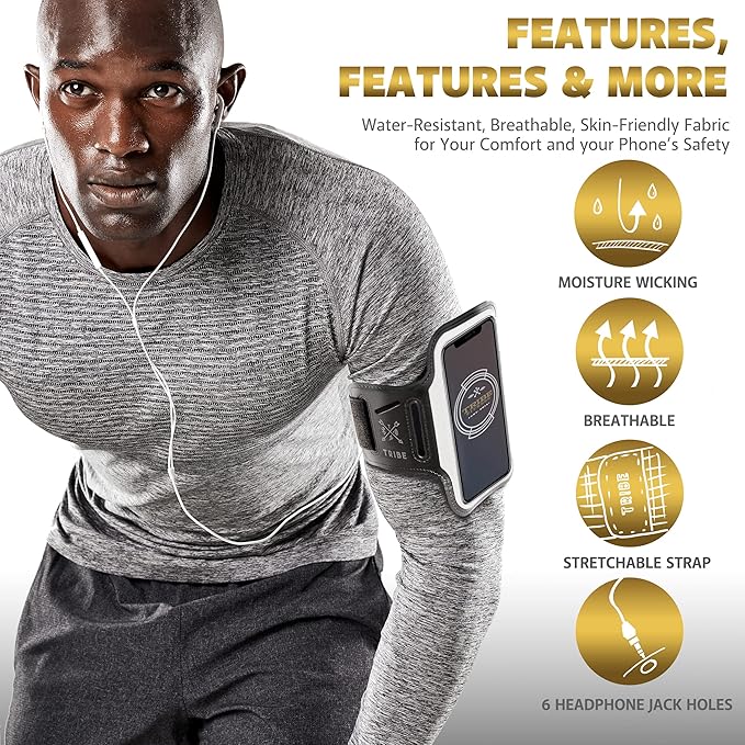 TRIBE Running Phone Holder Armband. iPhone & Galaxy Cell Phone Sports Arm Bands for Women, Men, Runners, Jogging, Walking, Exercise & Gym Workout. Fits All Smartphones. Adjustable Strap, CC/Key Pocket-StrideForce Fitness