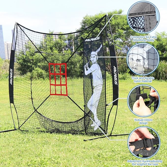 7'X7' Baseball Softball Practice Net,Pitching Net,Batting Net,with Baseball Tee,Bonus Strike Zone and Bow Frame,for Hitting,Pitching, Catching-StrideForce Fitness