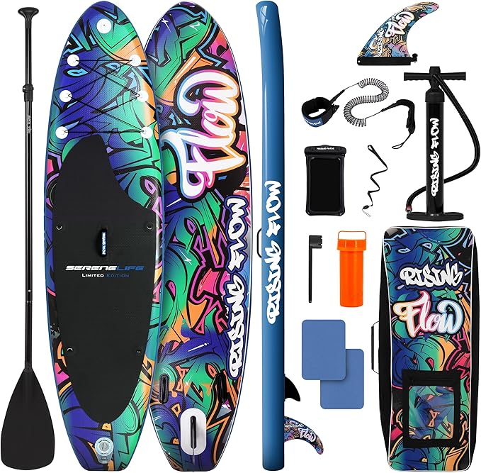 SereneLife Inflatable Stand Up Paddle Board with Premium SUP Accessories – Wide Stable Design with Non-Slip EVA Deck Pad for Adults and Youth of All Skill Levels, 350 lbs Capacity-StrideForce Fitness