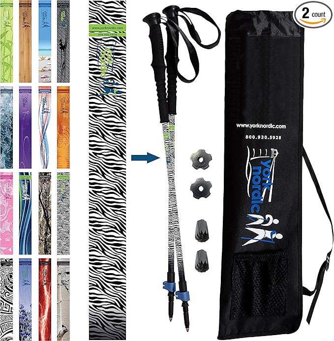 York Nordic Hiking & Walking Poles - Cushion Foam Grips w/Nordic Strap - Lightweight, Adjustable, and Great for Balance -2 Pieces w/Flip Locks, and Travel Bag - Heights 5'4"-6'2"-StrideForce Fitness