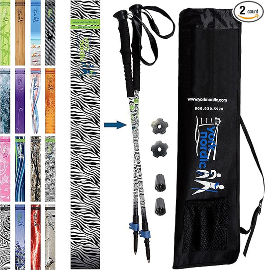 York Nordic Hiking & Walking Poles - Cushion Foam Grips w/Nordic Strap - Lightweight, Adjustable, and Great for Balance -2 Pieces w/Flip Locks, and Travel Bag - Heights 5'4"-6'2"-StrideForce Fitness