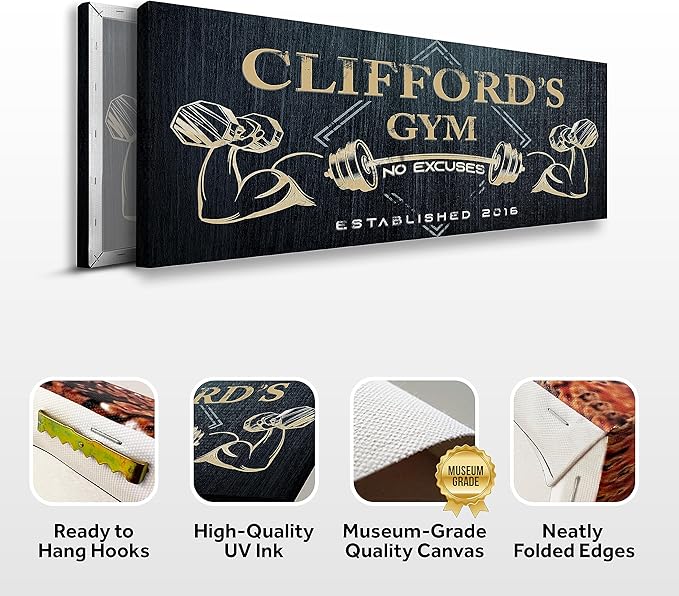 Tailored Canvases Personalized Gym Sign Wall Art Decor - Motivational Canvas for Home Gym, Workout Room, Garage, Fitness Center - Workout Inspirational Posters - Gym Name on Charcoal Background, 48x16in-StrideForce Fitness