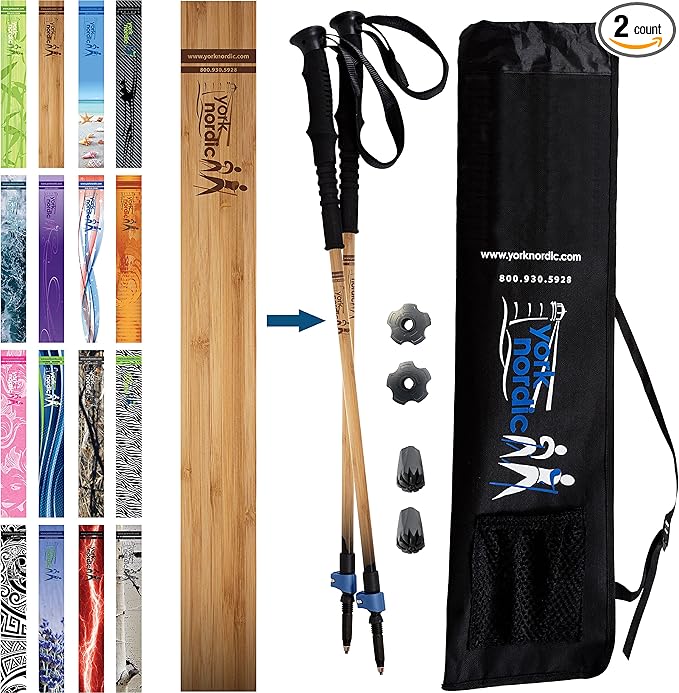 York Nordic Hiking & Walking Poles - Cushion Foam Grips w/Nordic Strap - Lightweight, Adjustable, and Great for Balance -2 Pieces w/Flip Locks, and Travel Bag - Heights 5'4"-6'2"-StrideForce Fitness