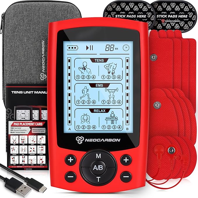 TENS Unit Muscle Stimulator, Electronic PMS Pulse Massager Machine for Shock Physical Therapy, Back Pain Relief, Shoulder Recovery, Red-StrideForce Fitness