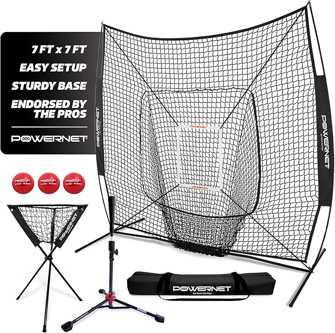 PowerNet Baseball Softball Practice Net 7x7 with Baseball Accessories for Practice Pitching, Batting & Fielding, Ball Caddy, Weighted Baseballs, Tee-StrideForce Fitness