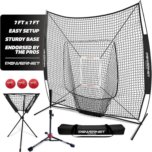 PowerNet Baseball Softball Practice Net 7x7 with Baseball Accessories for Practice Pitching, Batting & Fielding, Ball Caddy, Weighted Baseballs, Tee-StrideForce Fitness