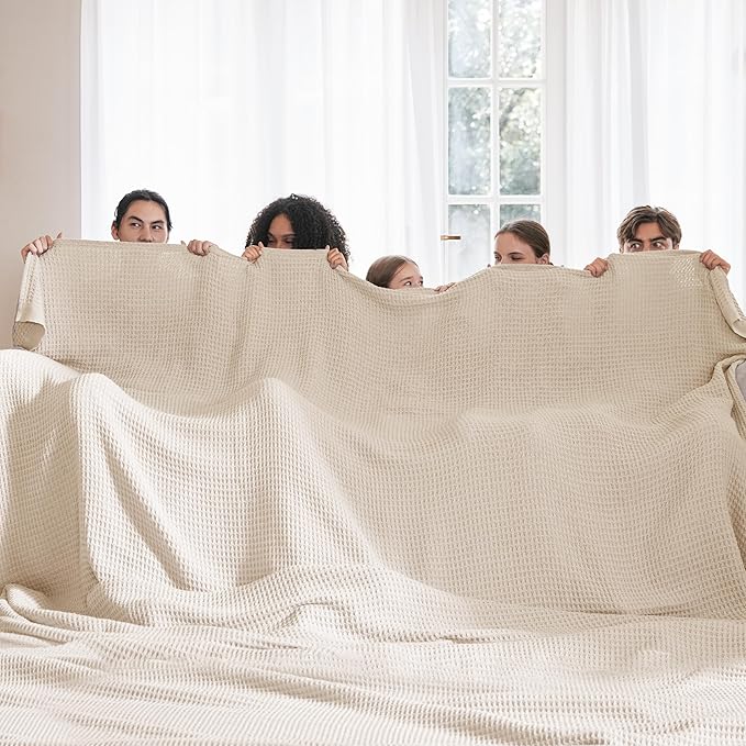 Bedsure 100% Cotton Large Blanket Oversized King for Bed - Breathable Thick Waffle Weave Blanket for Summer, Couch Cover, Khaki (a Little Bit Yellow), 120x94 inches-StrideForce Fitness