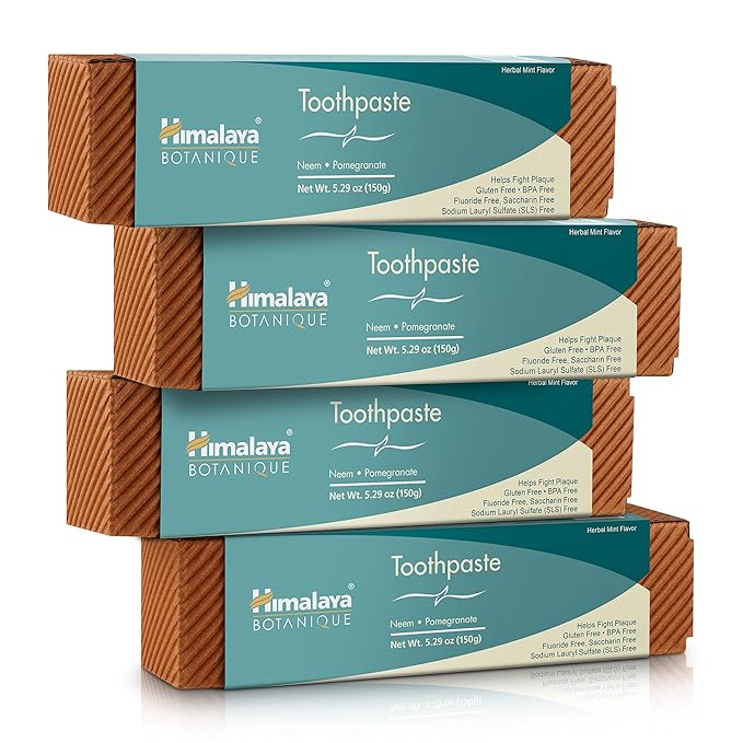 Himalaya Botanique Original Neem & Pomegranate Botanical Toothpaste, Fights Plaque, Brightens Teeth, Fluoride Free, No Artificial Flavors, SLS Free, Cruelty Free, Foaming, Mint Flavor, 5.29 Oz, 4 Pack