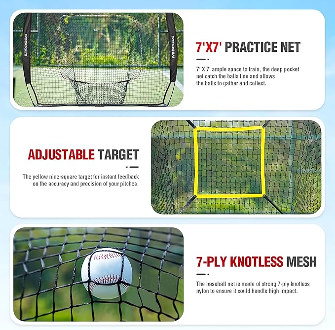 Storgem Baseball and Softball Practice Net 7×7ft Portable Hitting Pitching Batting Training Net Baseball Backstop Net with Batting Tee and Strike Zone and Bow Frame-StrideForce Fitness