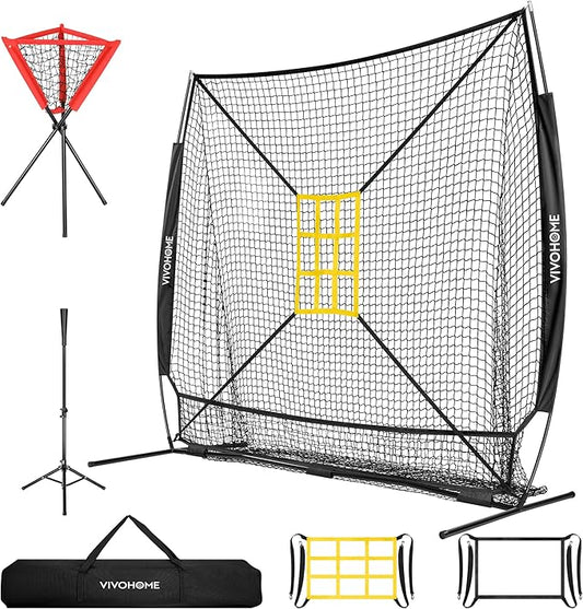 VIVOHOME Baseball Softball Hitting Net with Large Ball Collection System, 7 x 7 ft Baseball Batting Pitching Net with Tee, 2 Strike Zone, Carry Bag-StrideForce Fitness