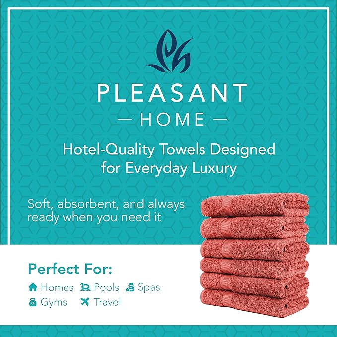 Pleasant Home Bath Towels Set of 6 (24” x 50”) 100% Cotton, 515 GSM | Lightweight, Soft & Absorbent Luxury Towels for Bathroom | for Gym, Pool & Spa | 6 Pack, Red-StrideForce Fitness
