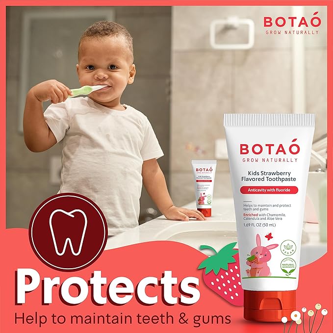 Kids Natural Strawberry Flavored Anticavity Fluoride Toothpaste Maximum Cavity Protection Cleans Children’s Teeth Protects Gums Chamomile Aloe Vera Calendula Xylitol for Ages 2 and Up