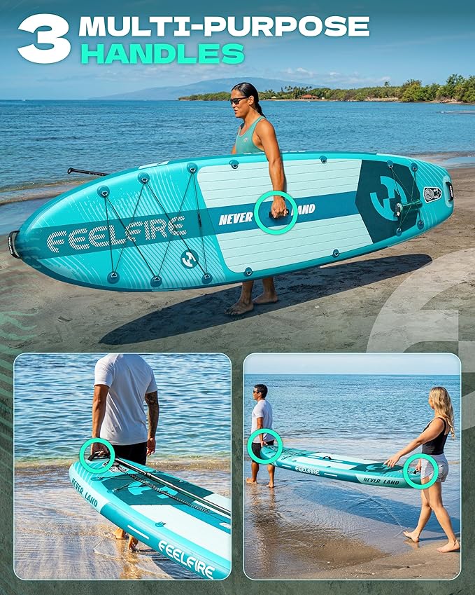 Feelfire11'x34” Extra Wide Inflatable Paddleboard, Stand-up Paddle Board for Adults, 420lb Capacity for Yoga/Fishing/Family, EVA Deck, US Fin, High-Pressure Pump, Storage Backpack, Safety Leash-StrideForce Fitness