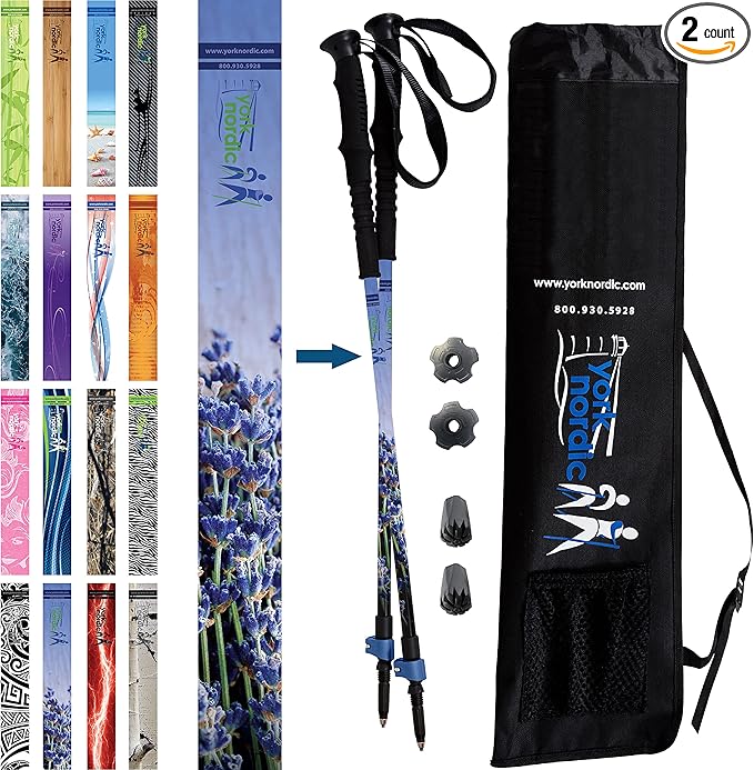 York Nordic Hiking & Walking Poles - Cushion Foam Grips w/Nordic Strap - Lightweight, Adjustable, and Great for Balance -2 Pieces w/Flip Locks, and Travel Bag - Heights 5'4"-6'2"-StrideForce Fitness