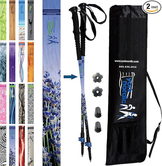 York Nordic Hiking & Walking Poles - Cushion Foam Grips w/Nordic Strap - Lightweight, Adjustable, and Great for Balance -2 Pieces w/Flip Locks, and Travel Bag - Heights 5'4"-6'2"-StrideForce Fitness
