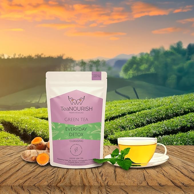 TeaNOURISH Everyday Detox Green Tea | Darjeeling Loose Leaf | 100% Natural Turmeric, Ashwagandha, Cardamom, Shatavari, Stevia | 50 Cups Hot Tea or Iced Tea - 3.53oz/100g (Pack of 2)