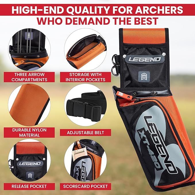 Legend XT420 Field Quiver - Left or Right-Handed Quiver Arrow Holder, Archery Quiver with 3 Arrow Tube, Durable Nylon Hip Quivers with Multiple Pockets for Archery Accessories, Score Card & Tools-StrideForce Fitness