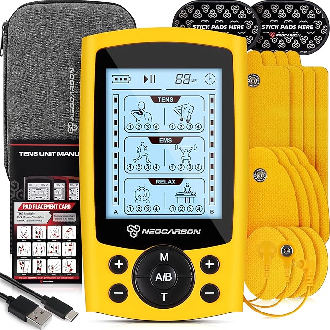 TENS Unit Muscle Stimulator, Electronic PMS Pulse Massager Machine for Shock Physical Therapy, Back Pain Relief, Shoulder Recovery, Yellow-StrideForce Fitness