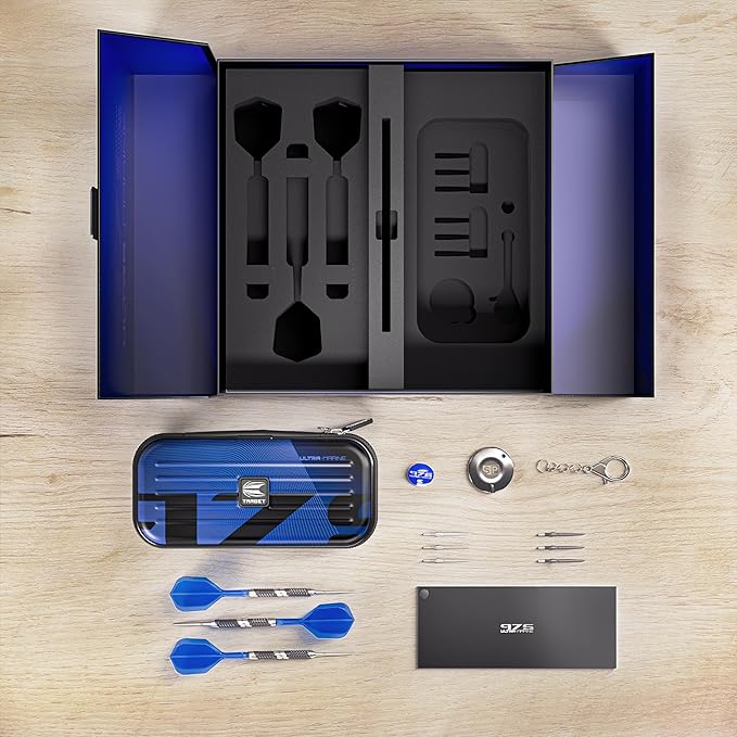 TARGET Darts 975 Ultra Marine 97.5% Tungsten Steel Tip Darts Set - Swiss Point Darts with K-Flex Integrated Flight and Shaft – Includes Dart Takoma Wallet, SP Tool, Dart Tips-StrideForce Fitness