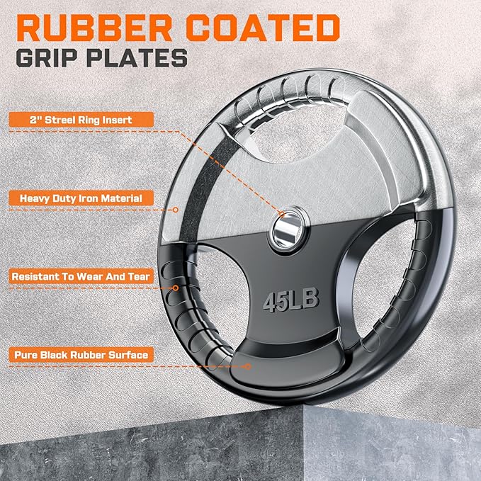 XDDIAS Rubber Weight Plates for Barbell, 2-Inch Olympic Grip Plate for Strength Training, Weightlifting and Bodybuilding in Home & Gym, Solid Cast Iron Weight Plates Pair and Sets-StrideForce Fitness