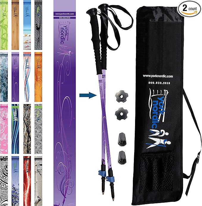 York Nordic Hiking & Walking Poles - Cushion Foam Grips w/Nordic Strap - Lightweight, Adjustable, and Great for Balance -2 Pieces w/Flip Locks, and Travel Bag - Heights 5'4"-6'2"-StrideForce Fitness