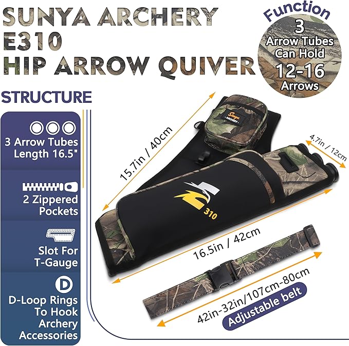 SUNYA Archery Hip Quiver for Arrows. Includes 3 Tubes Arrow Holder, Accessories Pockets and Waist Belt. Fit for Compound and Recurve Bow Practice.-StrideForce Fitness