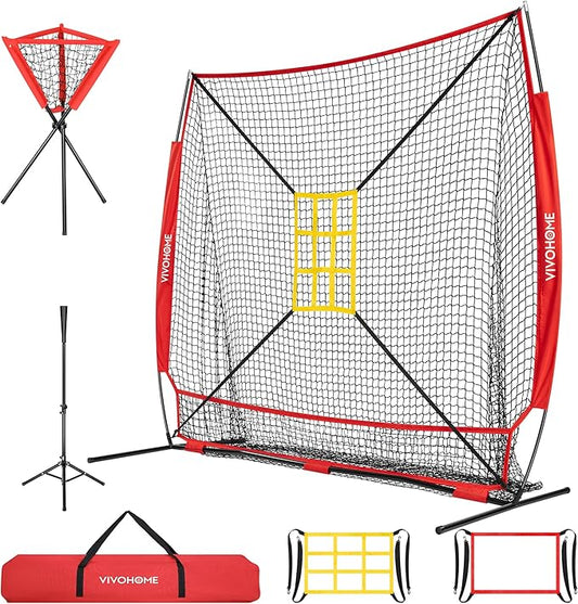 VIVOHOME Baseball Softball Hitting Net with Large Ball Collection System, 7 x 7 ft Baseball Batting Pitching Net with Tee, 2 Strike Zone, Carry Bag-StrideForce Fitness