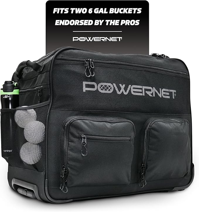 PowerNet Rolling Bucket Bag, Holds 2 6-Gallon Bucket of Baseballs & Softballs, Storage Pockets for Baseball Bat, Gloves & Scoreboards, Fits Launch F-lite Pitching Machine & Balls-StrideForce Fitness