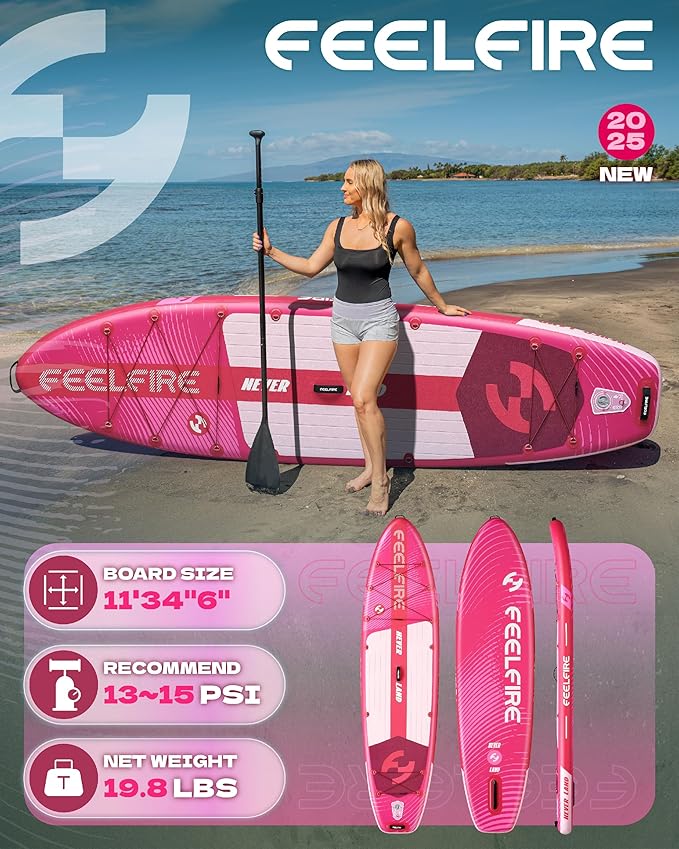 Feelfire11'x34” Extra Wide Inflatable Paddleboard, Stand-up Paddle Board for Adults, 420lb Capacity for Yoga/Fishing/Family, EVA Deck, US Fin, High-Pressure Pump, Storage Backpack, Safety Leash-StrideForce Fitness
