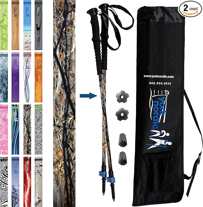 York Nordic Hiking & Walking Poles - Cushion Foam Grips w/Nordic Strap - Lightweight, Adjustable, and Great for Balance -2 Pieces w/Flip Locks, and Travel Bag - Heights 5'4"-6'2"-StrideForce Fitness