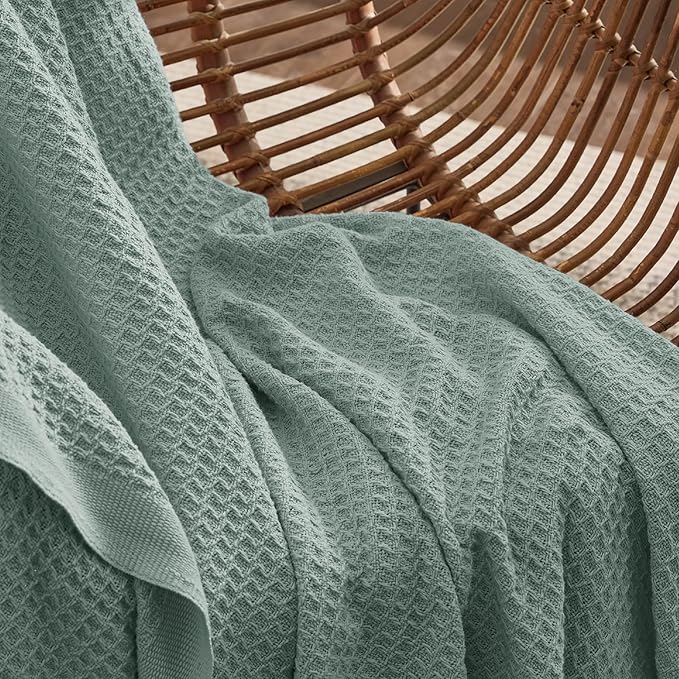 Bedsure 100% Cotton Large Throw Blanket for Couch 50x70 inches - Breathable and Soft, Waffle Weave Throw Blanket for Office, Sage Green-StrideForce Fitness