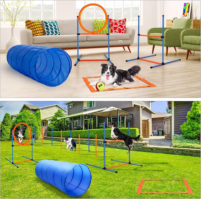 Dog Agility Training Equipment, 60-Piece Dog Obstacle Course Training Starter Kit Pet Outdoor Game with Tunnel, Agility Hurdle, Weave Poles, Jump Ring, Pause Box, Toy Balls and Storage Bag-StrideForce Fitness