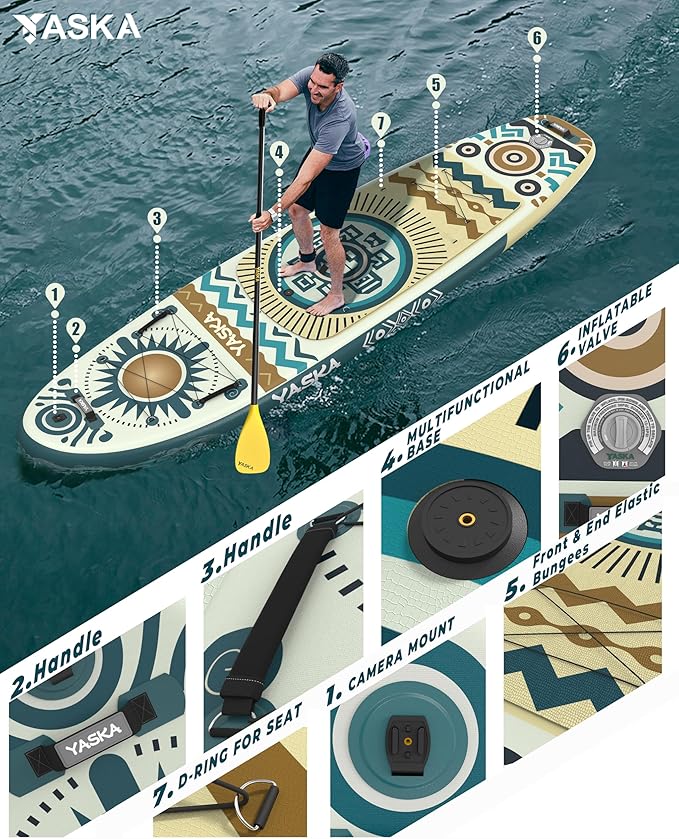 YASKA Inflatable Stand Up Paddle Board - 11ft Extra Wide Paddleboard with Premium SUP Board Accessories,Camera Mount,Non-Slip EVA Deck,5 Handles,Youth/Adult-StrideForce Fitness