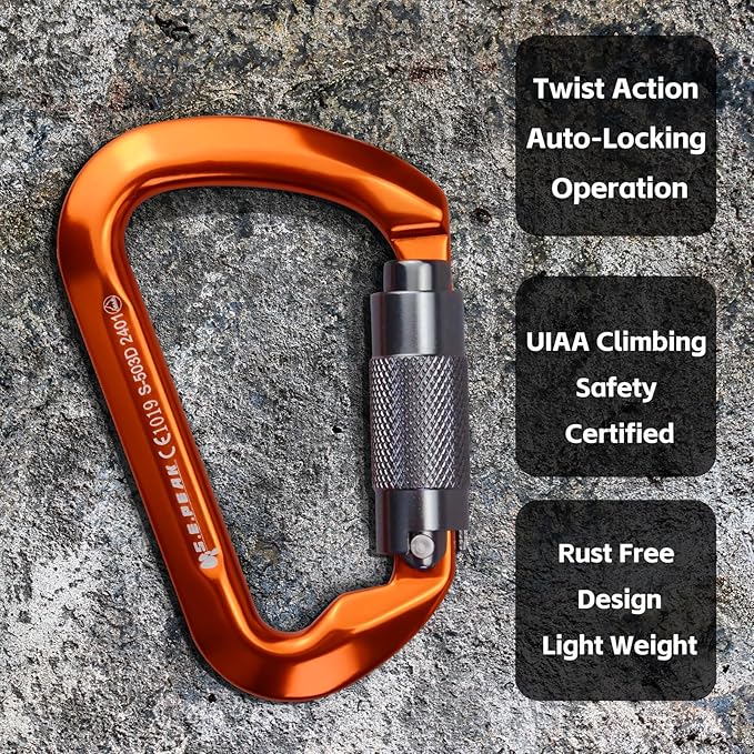 SEPEAK UIAA 30kN Climbing Carabiner Clips, Professional Heavy Duty Twist Locking Carabiners for Climbing,Mountaineering, Rappelling, Camping, Hiking, Swings, Large D Ring Hooks-StrideForce Fitness