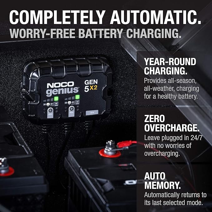 NOCO Genius GEN5X2: 2-Bank, 10A Onboard Battery Charger - 5A Per Bank, 12V Waterproof Marine Charger with Overcharge Protection & Temperature Compensation – for Lead-Acid & Lithium Batteries-StrideForce Fitness