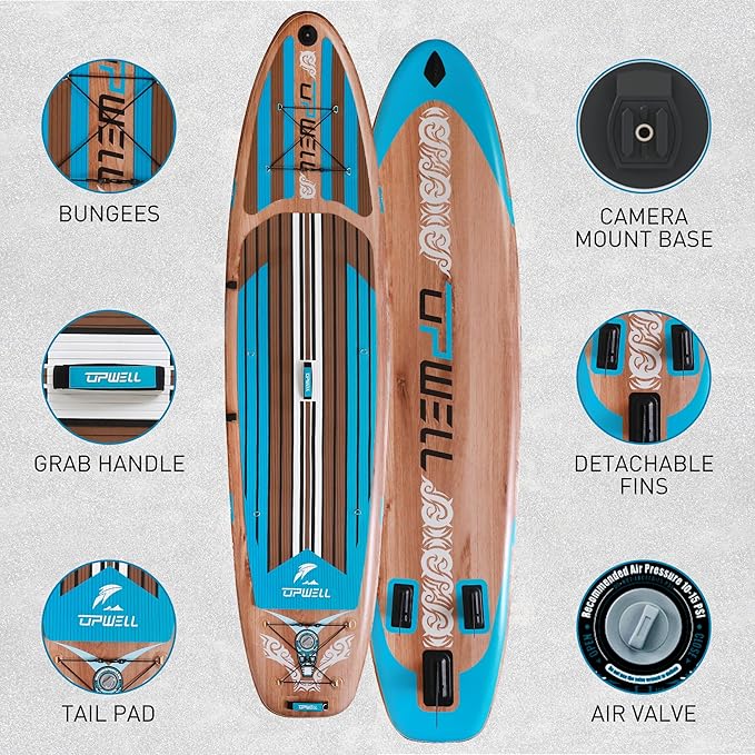 UPWELL 11’6”/11'2”/11'/10'8”/10'6”/10'2” Inflatable Stand Up Paddle Board with sup Accessories Including Backpack, Repairing Kits, Non-Slip Deck, Leash, 3 Fins, Paddle and Hand Pump-StrideForce Fitness