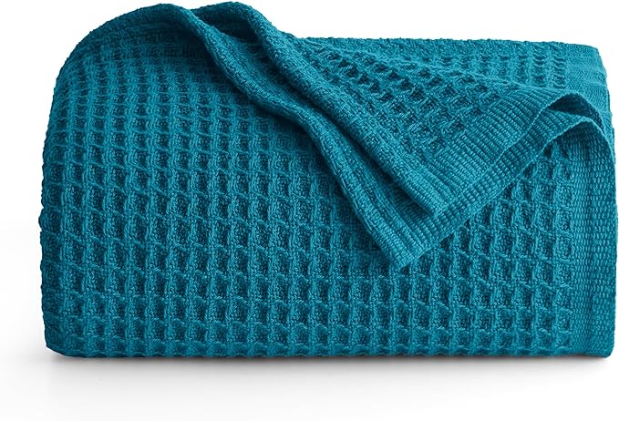 Bedsure 100% Cotton Blanket Twin XL Size for College Dorm - Breathable and Soft, Waffle Weave Twin Blanket for Summer, Dorm Room Essentials, Teal, 66x90 inches-StrideForce Fitness