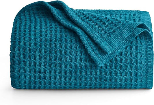 Bedsure 100% Cotton Blanket Twin XL Size for College Dorm - Breathable and Soft, Waffle Weave Twin Blanket for Summer, Dorm Room Essentials, Teal, 66x90 inches-StrideForce Fitness