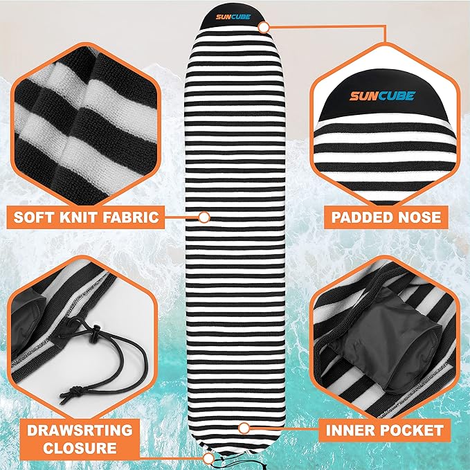 SUN CUBE Surfboard Sock Cover, Protective Surf Bag for Surfing Board, Light Stretchy Surfbag Sleeve for Longboard, Hybrid (8'6'', Black White)-StrideForce Fitness