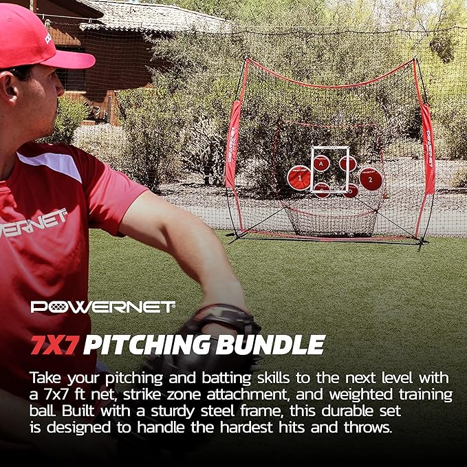 PowerNet Pitching Bundle, Baseball Net with Pitch Perfect Targets & Strike Zone Attachment, Weighted Ball, Softball Baseball Training Equipment to Increase Pitching Accuracy, 3 Net Sizes-StrideForce Fitness