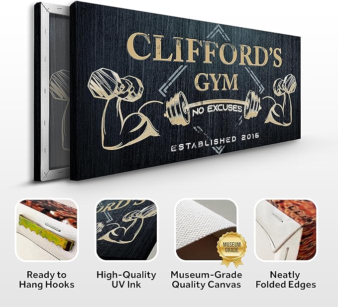 Tailored Canvases Personalized Gym Sign Wall Art Decor - Motivational Canvas for Home Gym, Workout Room, Garage, Fitness Center - Workout Inspirational Posters - Gym Name on Charcoal Background, 20x10in-StrideForce Fitness