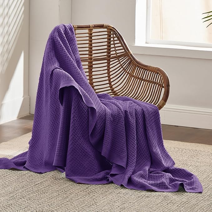 Bedsure 100% Cotton Blanket Twin XL Size for College Dorm - Breathable and Soft, Waffle Weave Twin Blanket for Summer, Dorm Room Essentials, Purple, 66x90 inches-StrideForce Fitness
