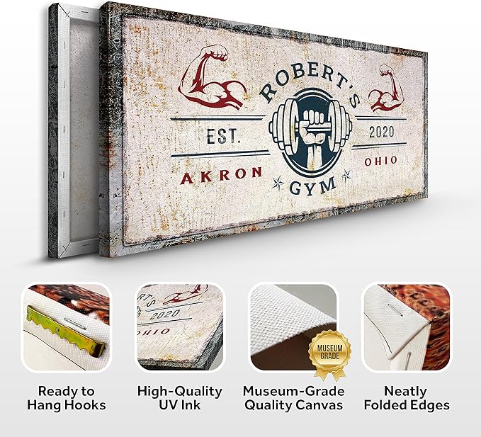 Tailored Canvases Personalized Gym Sign Wall Art Decor - Motivational Canvas for Home Gym, Workout Room, Garage, Fitness Center - Workout Inspirational Posters - One Hand with Dumbbell on Rustic, 20x10in-StrideForce Fitness