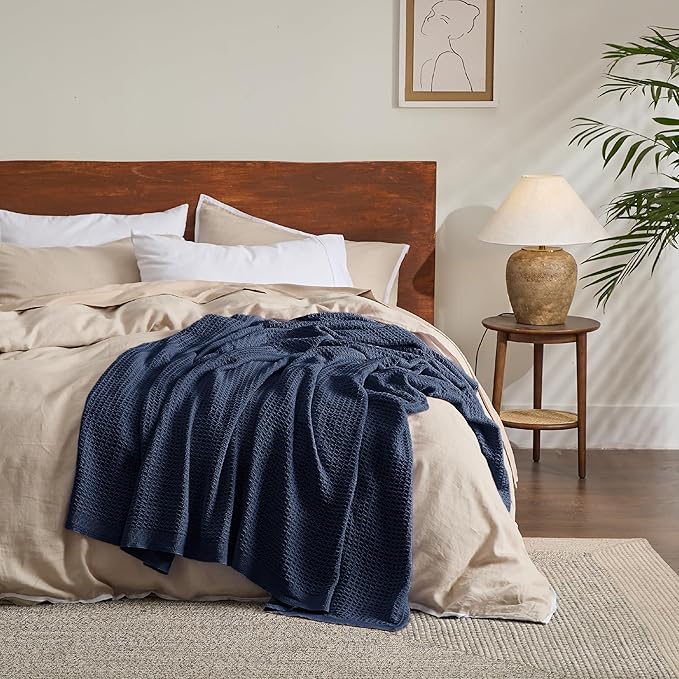 Bedsure 100% Cotton Blanket King Size for Bed - Breathable and Soft, Waffle Weave Blanket for Summer, Thick Cozy Fall Blankets for Women Gift, Pageant Blue, 104x90 inches-StrideForce Fitness