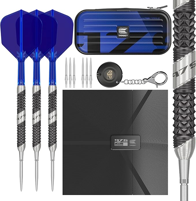 TARGET Darts 975 Ultra Marine 97.5% Tungsten Steel Tip Darts Set - Swiss Point Darts with K-Flex Integrated Flight and Shaft – Includes Dart Takoma Wallet, SP Tool, Dart Tips-StrideForce Fitness