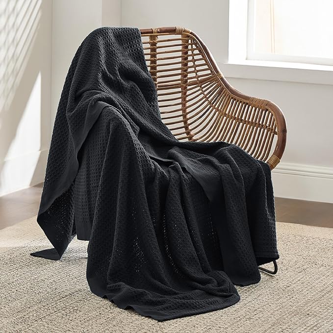 Bedsure 100% Cotton Blanket Twin XL Size for College Dorm - Breathable and Soft, Waffle Weave Twin Blanket for Summer, Dorm Room Essentials, Black, 66x90 inches-StrideForce Fitness