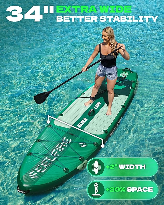 Feelfire11'x34” Extra Wide Inflatable Paddleboard, Stand-up Paddle Board for Adults, 420lb Capacity for Yoga/Fishing/Family, EVA Deck, US Fin, High-Pressure Pump, Storage Backpack, Safety Leash-StrideForce Fitness