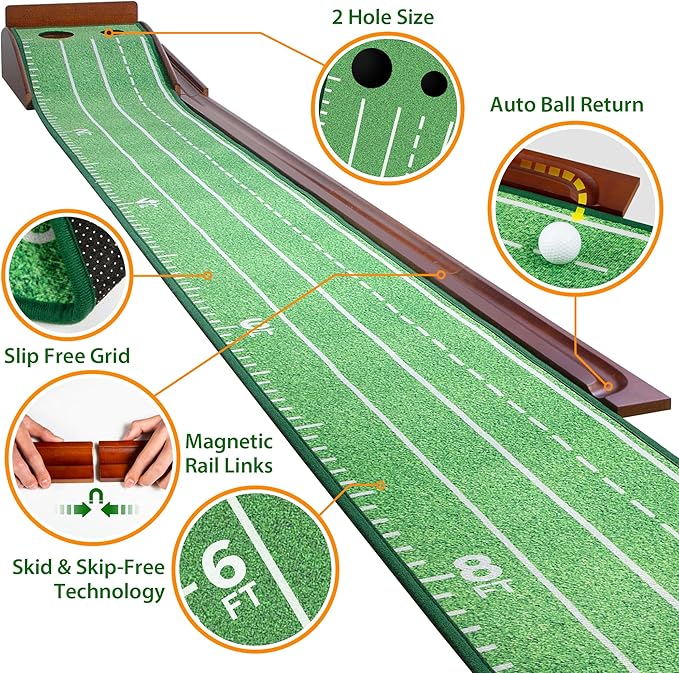 Golf Putting Mat with Ball Return - Putting Green Indoor Featuring 9ft Non-Slip Velvet Surface for Indoor & Outdoor - Smooth, Skip-Free Walnut Ball Return System - Golf Practice Mat for Backyard-StrideForce Fitness