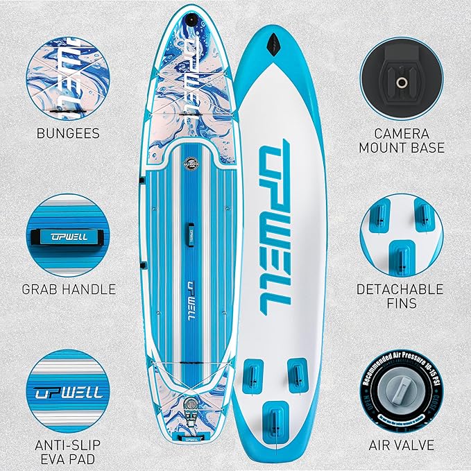 UPWELL 11’6”/11'2”/11'/10'8”/10'6”/10'2” Inflatable Stand Up Paddle Board with sup Accessories Including Backpack, Repairing Kits, Non-Slip Deck, Leash, 3 Fins, Paddle and Hand Pump-StrideForce Fitness